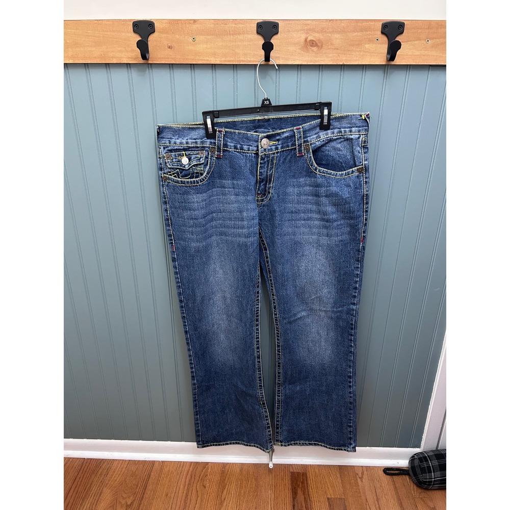 True Religion Bobby Mens Blue Jeans Yellow Contrast Thick Stitch Straight 40x34
